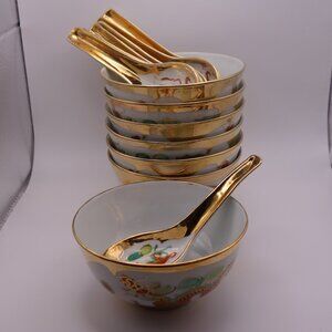 Set of Seven(7) Dragon Gold Color Soup Bowls & Spoons Made in Hong Kong